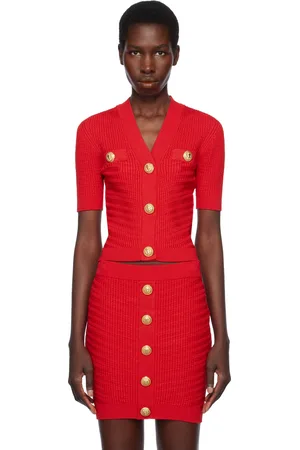 Balmain Cardigan écourté rouge en tricot à boutons