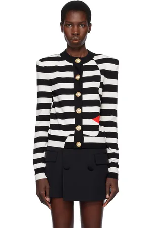 Balmain Cardigan noir et blanc en tricot à rayures marinières et à image de visage