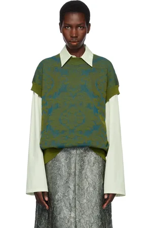 DRIES VAN NOTEN Pull kaki et bleu à motif en jacquard