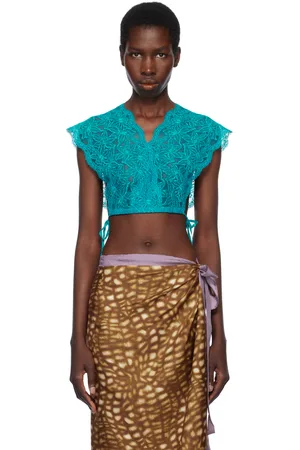 DRIES VAN NOTEN Haut écourté bleu en dentelle