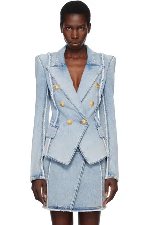 Balmain Veston façon tailleur bleu en denim à six boutons