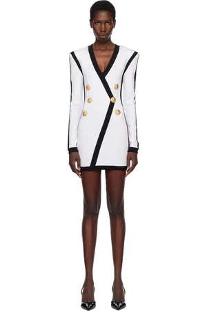 Balmain Robe courte moulante blanche à col en V et à manches longues