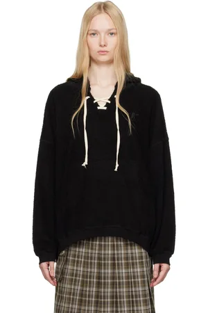 OPEN YY Pull à capuche noir en tissu éponge à laçage