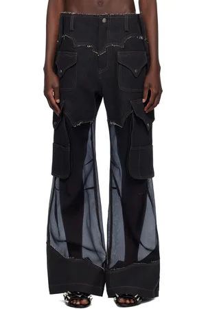 Andersson Bell Pantalon cargo noir en crêpe semi-transparent en denim
