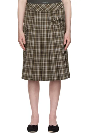 OPEN YY Jupe midi de style kilt brune à carreaux et à poche cargo