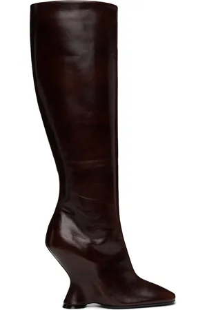 DRIES VAN NOTEN Bottes hautes à talon compensé brunes en cuir