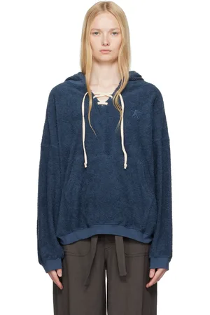 OPEN YY Pull à capuche bleu marine en tissu éponge à laçage
