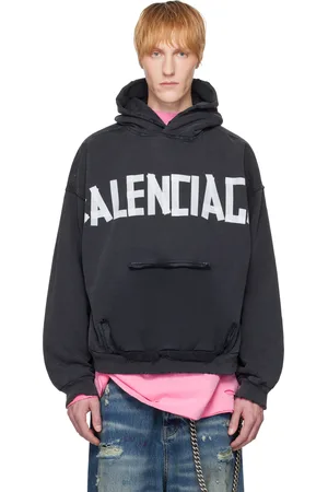 Balenciaga Pull à capuche noir à logo Tape Type et à poche déchirée