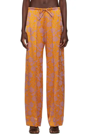DRIES VAN NOTEN Pantalon orange à motif fleuri en jacquard