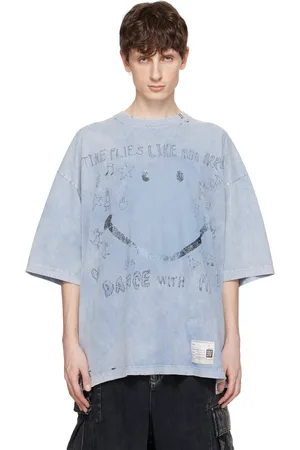 Maison Mihara Yasuhiro T-shirt bleu à effet décoloré et à imprimé de bonhomme sourire