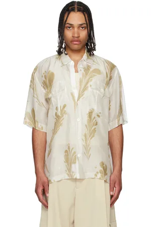 DRIES VAN NOTEN Chemise beige et blanc cassé en soie à motif graphique imprimé à la main
