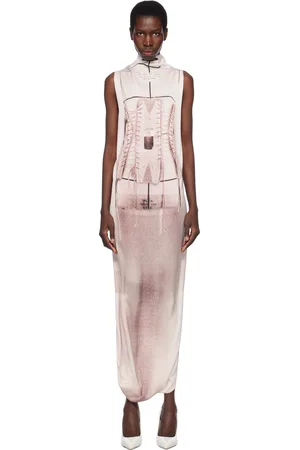 Jean Paul Gaultier Robe longue blanc et rose à drapage et à image de corset trompe l