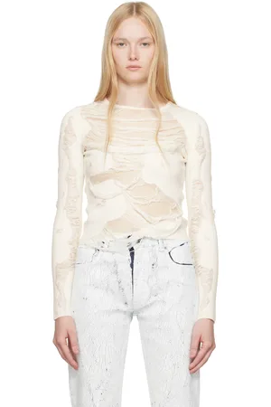 Maison Margiela Pull blanc cassé en tricot jauge 14 à col ras du cou et à effet usé