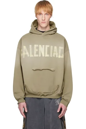 Balenciaga Pull à capuche vert à poche à bords bruts et à logos Tape Type