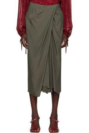 DRIES VAN NOTEN Jupe midi évasée kaki à drapage