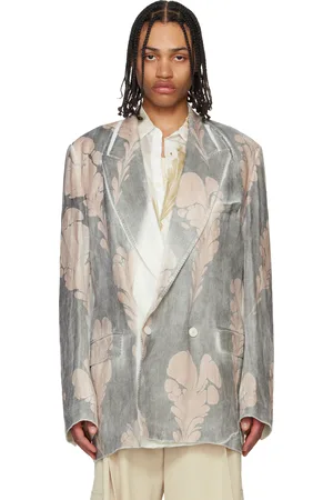 DRIES VAN NOTEN Veston gris et blanc à motif graphique imprimé à la main
