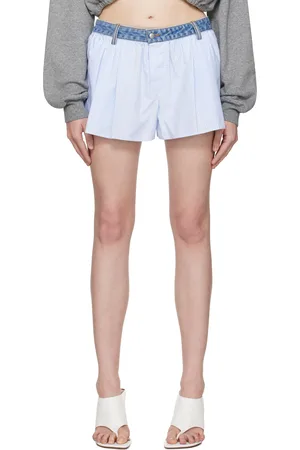 Alexander Wang Short de style boxer bleu et blanc en toile oxford à taille en denim