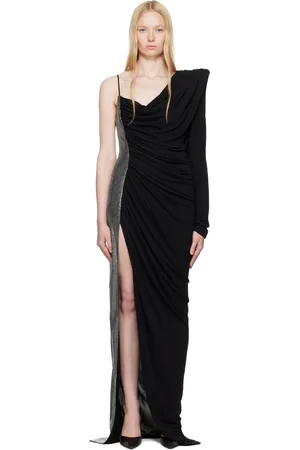 Balmain Robe longue asymétrique noire à assemblage drapé