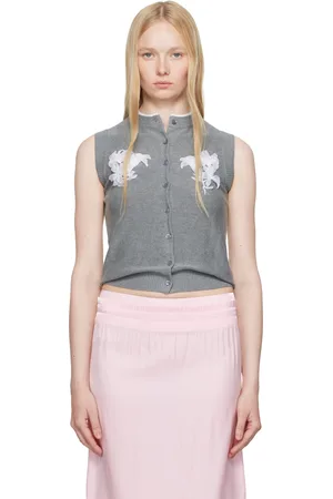 Shushu/Tong Cardigan sans manches gris en tricot à appliqués brodés au ruban
