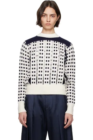J.W.Anderson Pull blanc cassé et bleu marine à fentes et à carreaux en jacquard