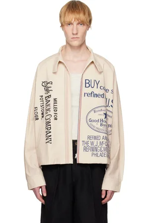 HARAGO Blouson écourté beige à glissière et à texte imprimé