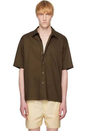 Auralee Chemise à manches courtes brune en popeline typewriter de coton Finx lavée à col classique