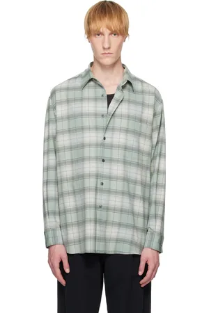 Auralee Chemise bleue en toile légère de laine à carreaux
