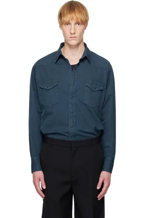 Auralee Chemise western teinte en plongée bleue en gabardine de coton Finx