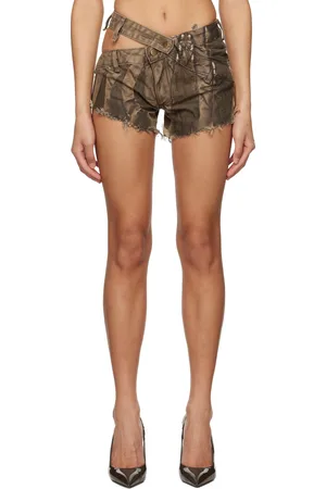 Masha Popova Short court asymétrique brun en denim à effet délavé de style tribal