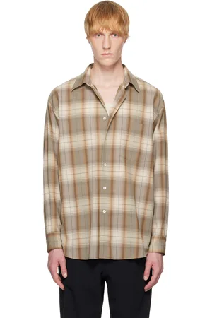 Auralee Chemise brun et beige en toile légère de laine à carreaux
