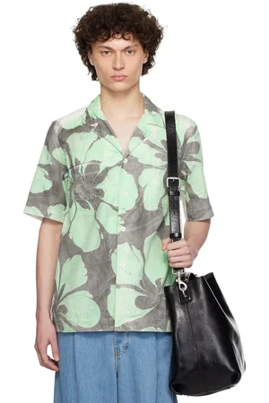 DRIES VAN NOTEN Chemise vert et blanc à motif fleuri teint à la main