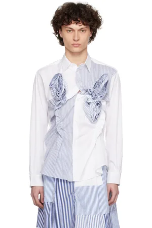 Comme des Garçons Chemise blanc et bleu marine en popeline à rayures et à appliqués de rose