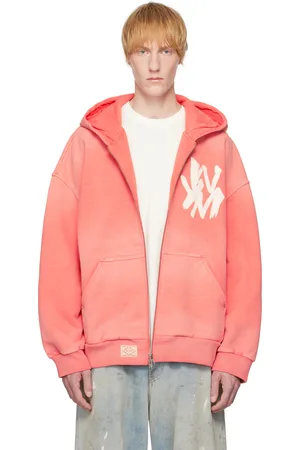 WOOYOUNGMI Pull à capuche rose à image à logo, à effet délavé et à glissière