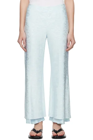 Jil Sander Pantalon bleu en viscose à motif fleuri en jacquard