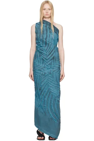 Masha Popova Robe longue bleue en denim à épaule unique et à image étoilée