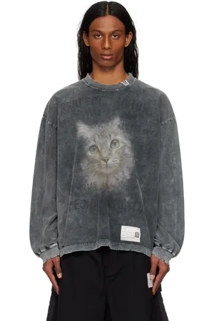 Maison Mihara Yasuhiro T-shirt à manches longues noir à effet décoloré et à image de chat