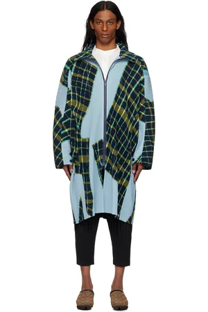 Issey Miyake Manteau bleu et vert à motif écossais Windswept
