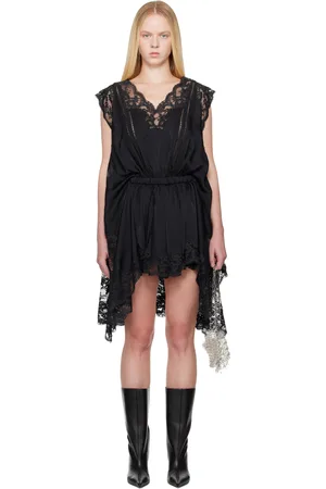 Paco rabanne Robe courte noire en satin à garnitures en dentelle