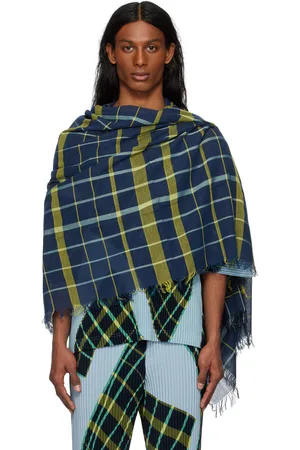 Issey Miyake Foulard de style étole bleu marine et vert à carreaux
