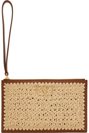 VALENTINO GARAVANI Moyenne pochette plate beige et brun à logo en V