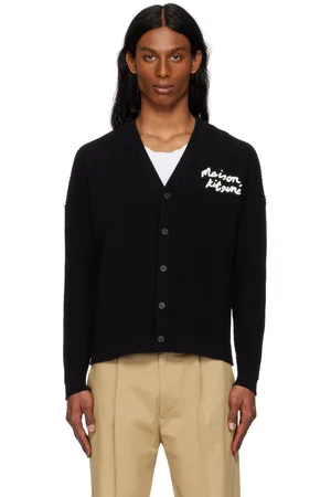 Maison Kitsuné Cardigan décontracté noir en tricot côtelé à logo calligraphié