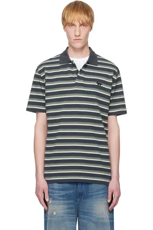 Maison Kitsuné Polo bleu marine et vert à écusson à logo Profile Fox et à rayures tricolores