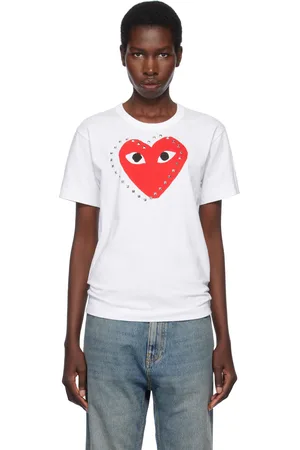 Comme des Garçons T-shirt blanc à clous et à logo rouge imprimé