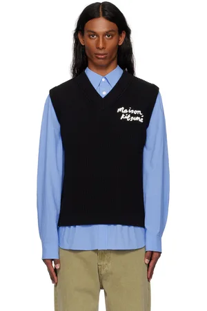 Maison Kitsuné Gilet noir en tricot côtelé à logo calligraphié