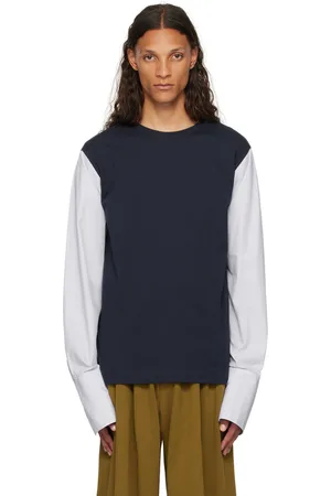 DRIES VAN NOTEN T-shirt à manches longues bleu marine à poignets roulés