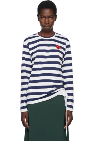 Comme des Garçons T-shirt à manches longues bleu marine et blanc à rayures et à pierres du Rhin