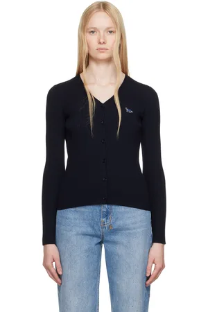 Maison Kitsuné Cardigan bleu marine en tricot côtelé à écusson à logo Baby Fox