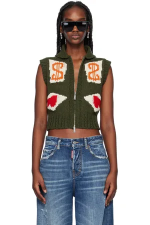 Dsquared2 Gilet écourté kaki à images de style poker en tricot jacquard