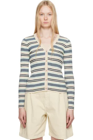 Maison Kitsuné Cardigan beige et bleu en tricot côtelé à rayures