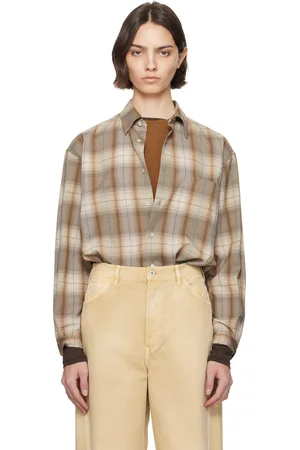 Auralee Chemise brun et gris en toile oxford légère de laine à carreaux